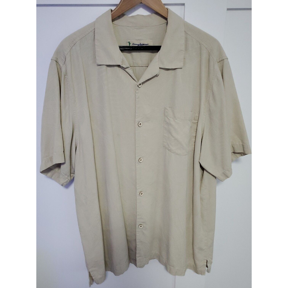 Tommy Bahama Short Sleeve Button Up Shirt Mens XL 100% Silk Beige w/ Leaf Print